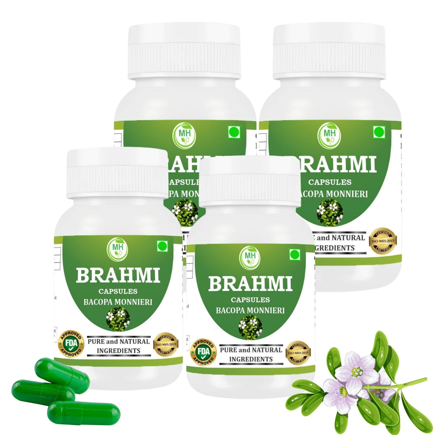 Brahmi Capsules 500 mg – 60 Veg Capsules x 4 Pack | Bacopa Monnieri Extract | Natural Herbal Supplement | Gluten-Free | Vegan-Friendly (morsan healthcare)