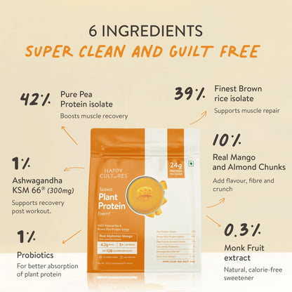 Happy Cultures 24g Tastiest Plant Protein| Real Alphonso Mango, Almond Chunks & Ashwagandha (KSM 66) |Pea & Brown Rice Protein Isolate| No Added Sugar| Vegan| 20 Complete Amino Acids | Monk Fruit Extract| Women & Men| No Bloating, Easy to Digest| Dairy Fr