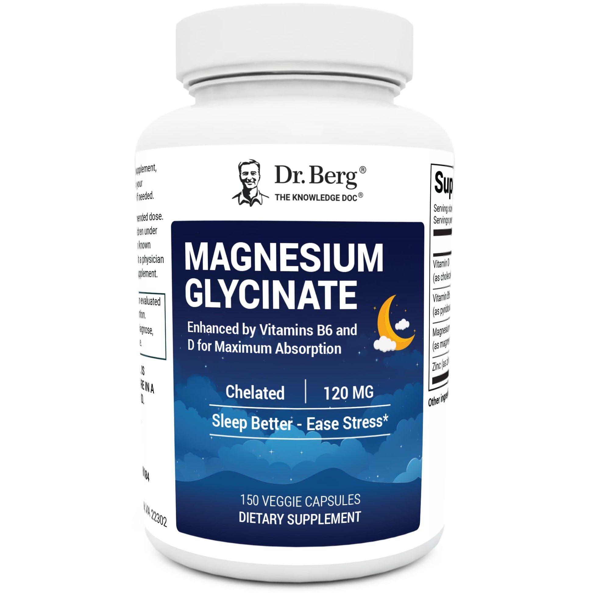 Dr. Berg Magnesium Glycinate with Vitamins D3, B6 & Zinc – 120mg Magnesium per Serving, 150 Capsules