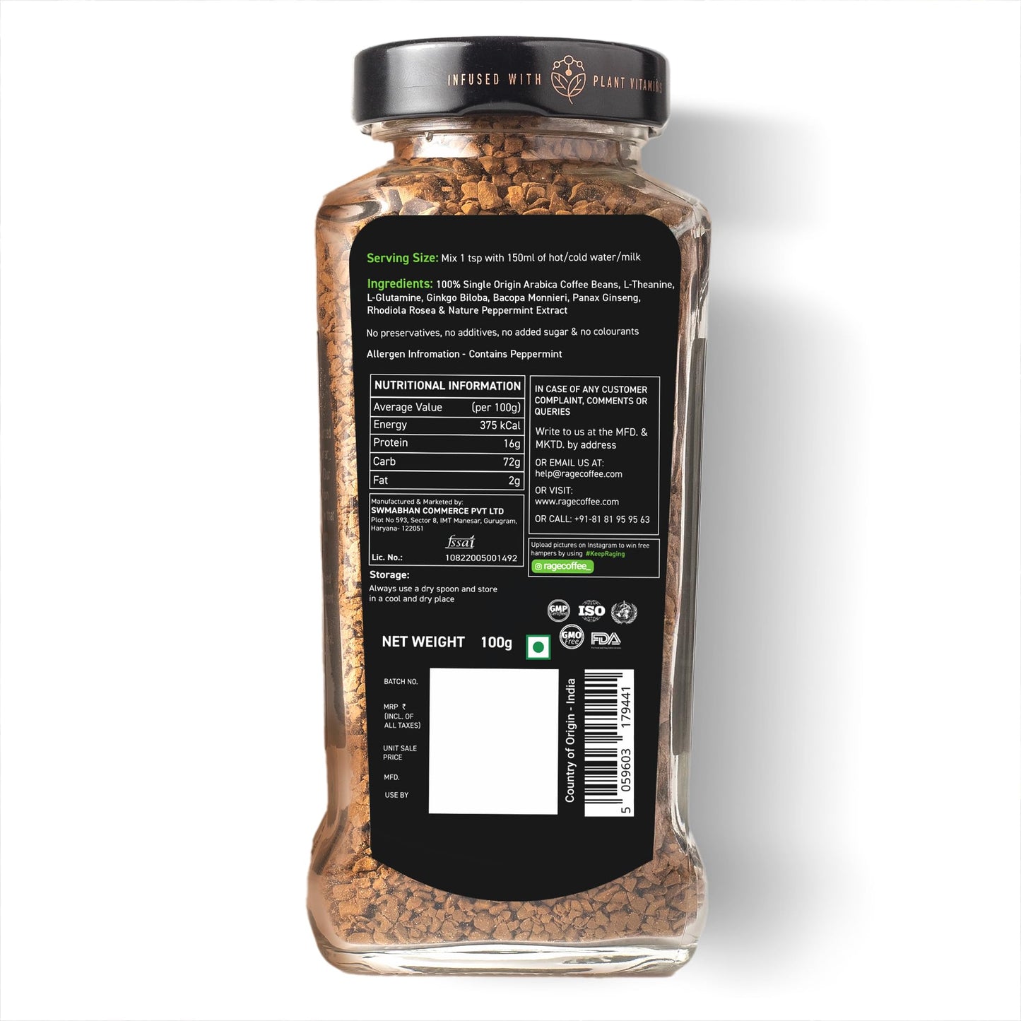 Rage Coffee Mint Mocha Flavoured Instant Coffee with Plant based Vitamins | 100% Arabica beans coffee | Helps in improve Gut health | Hot&Cold coffee - 100g