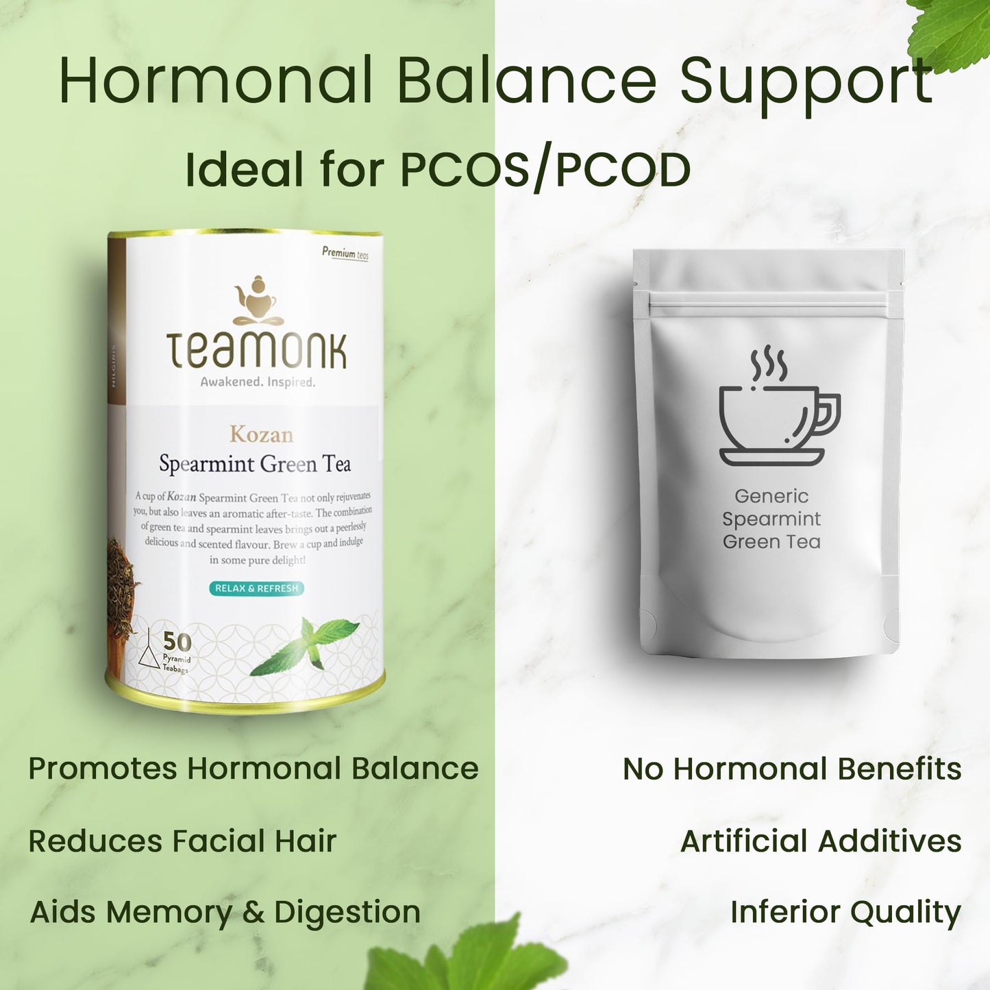 Teamonk Kozan High Mountain Spearmint Green Tea (50 Biodegradable Pyramid Bags) | Premium PCOS Tea For Women | Rectifies Hormonal Balance, Acne & Facial Hair | Helps Stress Relief & Memory