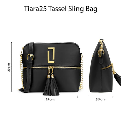 Lavie Luxe Women's Mono Tiara 25 Medium Monogram Print Tassel Cross Body Sling Bag | Ladies Purse Handbag | Ladies Gift