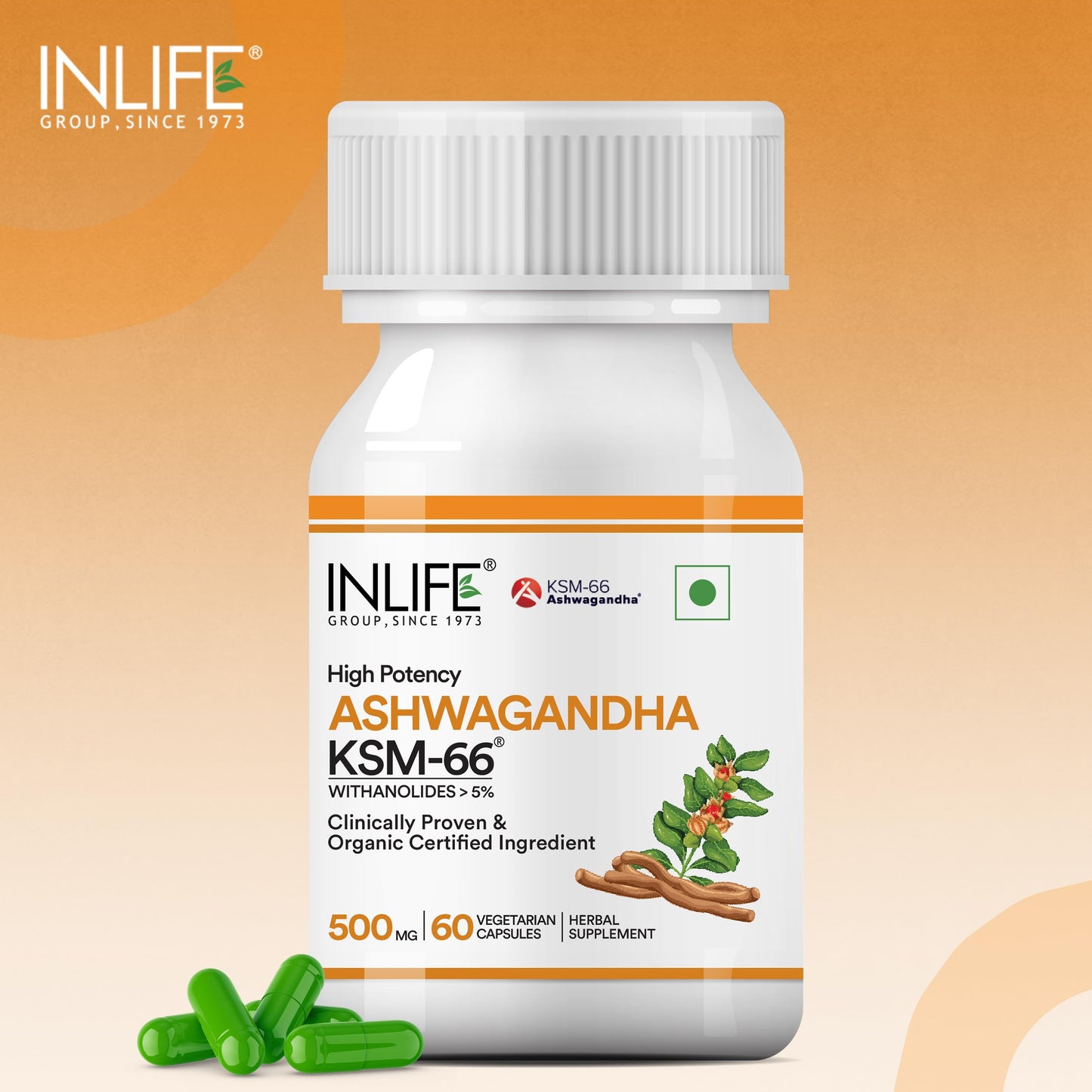 INLIFE Ashwagandha KSM-66 (500 mg) | 60 Capsules | Natural Formulation | Withania Somnifera Extract (Pack of 1, 60, count)