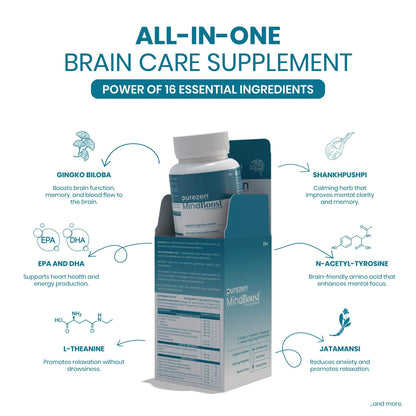 Purezen MindBoost | Brain Health Supplement for Focus, Clarity & Mental Performance | With Ginkgo, Ashwagandha, Omega-3 & Bacopa | 60 Capsules