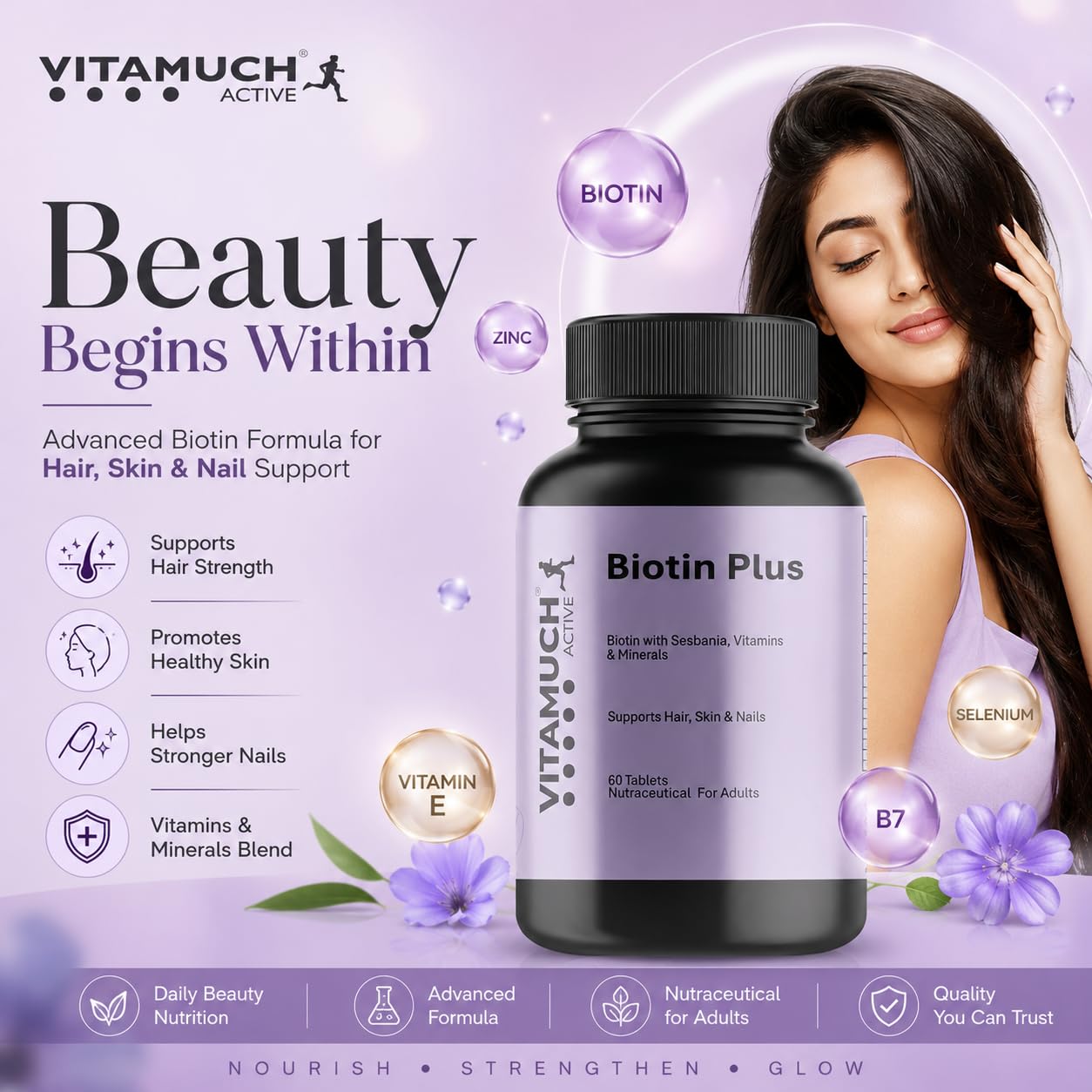 Vitamuch Biotin Plus Tablets with Zinc Iron Vitamins A C D3 E B12 Folic Acid | Hair Skin Nails Support Supplement | 60 Tablets