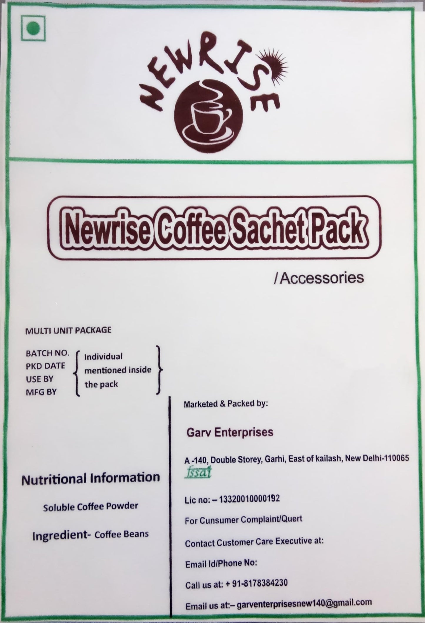 New Rise Coffee Sachet 500 Pcs | Instant Coffee Sachet
