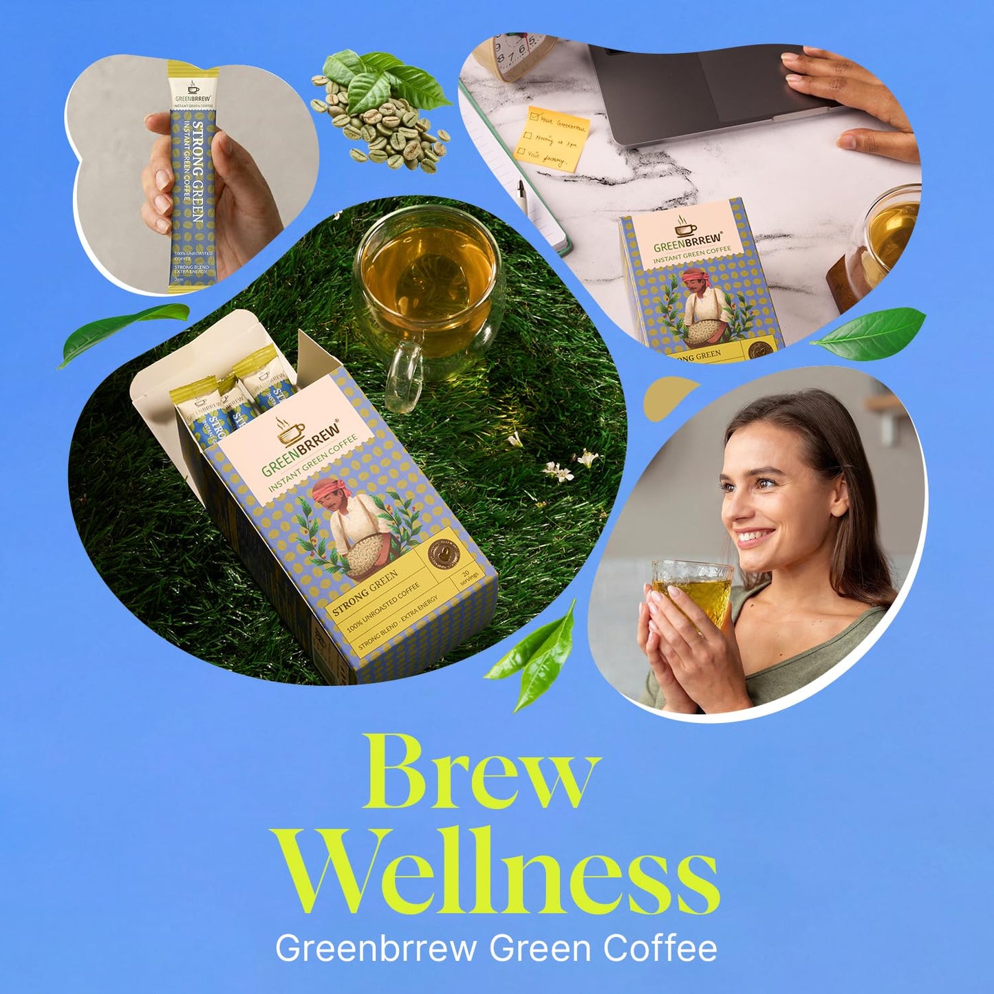 Greenbrrew Instant Strong Green Coffee Powder, 20 Sachets, 60g | Bold Roast Profile for Coffee Drinkers Switching from Roasted Coffee | Antioxidant Rich, Vegan, Probiotic