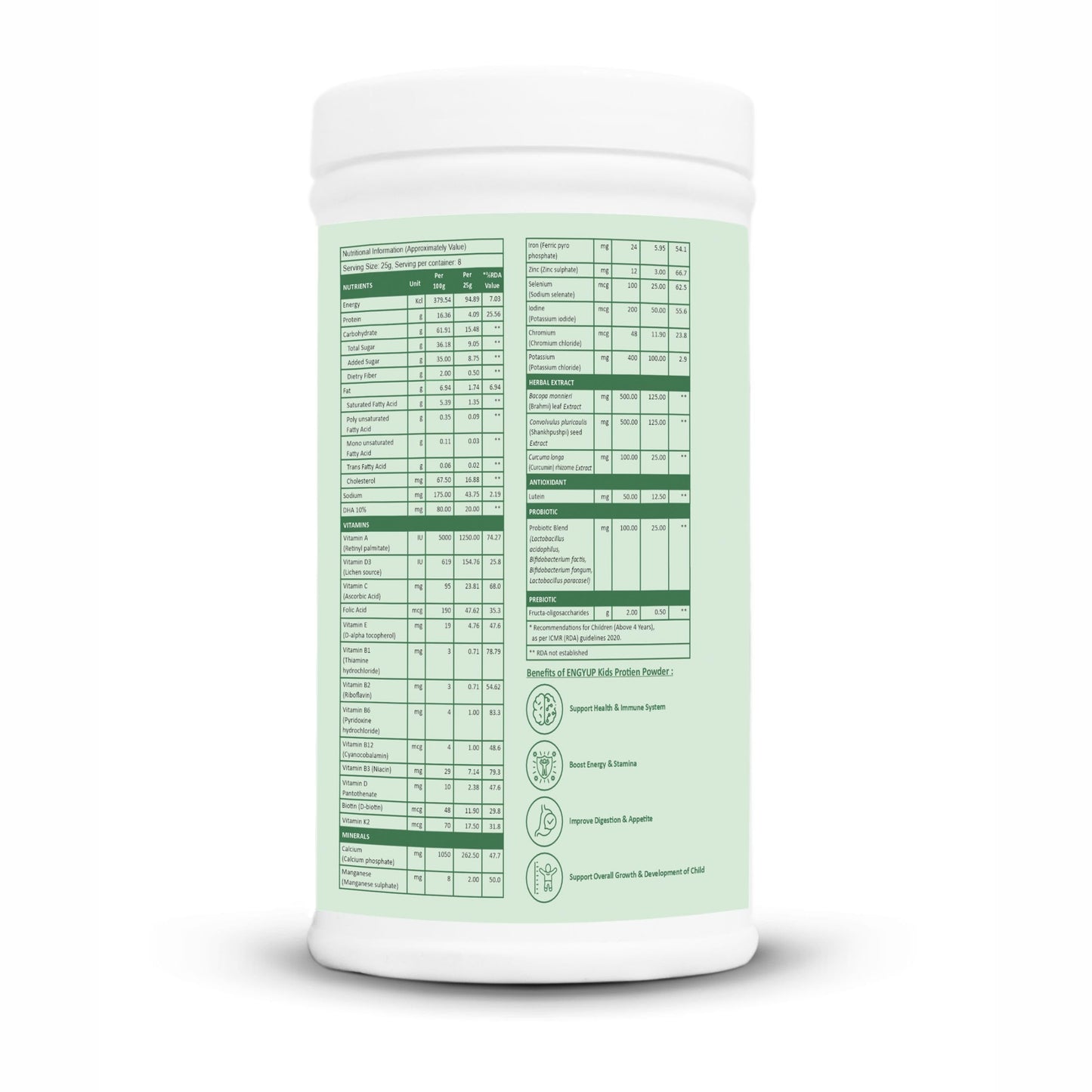 ENGYUP Kids Protein Powder | Nutritional & Health Supplement for growing Children | Quality Protein, DHA, Brahmi, Shankhpushpi, Curcumin, Pre & Pro-biotic | Chocolate Flavor | 200g