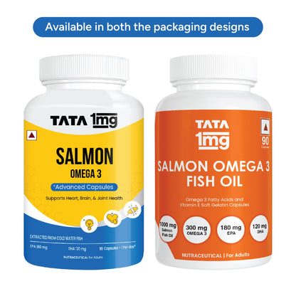 Tata 1mg Salmon Omega 3 Fish Oil Supplements 1000mg - 90 Capsules |Tryglycride form | 180mg EPA & 120mg DHA | High Absorption for Heart,Brain & Joints | Helps Manage Cholesterol