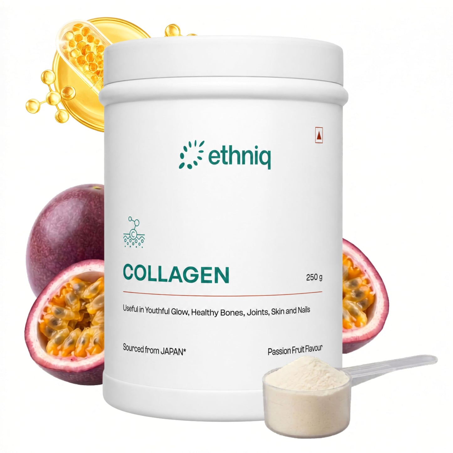 Ethniq Japanese Marine Collagen Powder for Women & Men | Hydrolyzed Type I Collagen Peptides with Glutathione, Vitamin C, E & Biotin | Supports Skin Glow, Hair, Nails & Joints | Sugar Free Passion Fruit Flavour | 250g