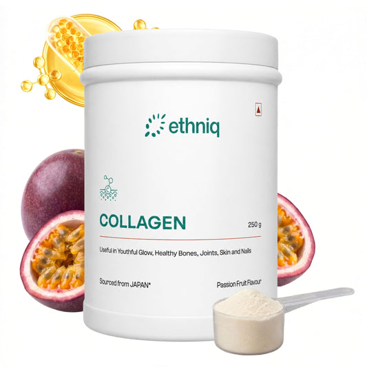 Ethniq Japanese Marine Collagen Powder for Women & Men | Hydrolyzed Type I Collagen Peptides with Glutathione, Vitamin C, E & Biotin | Supports Skin Glow, Hair, Nails & Joints | Sugar Free Passion Fruit Flavour | 250g
