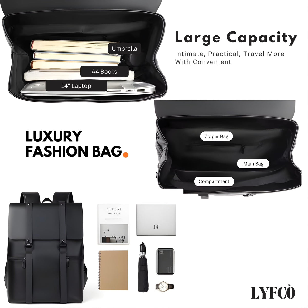 LYFCO Laptop Backpack For Men & Women, 14 Inch, Black