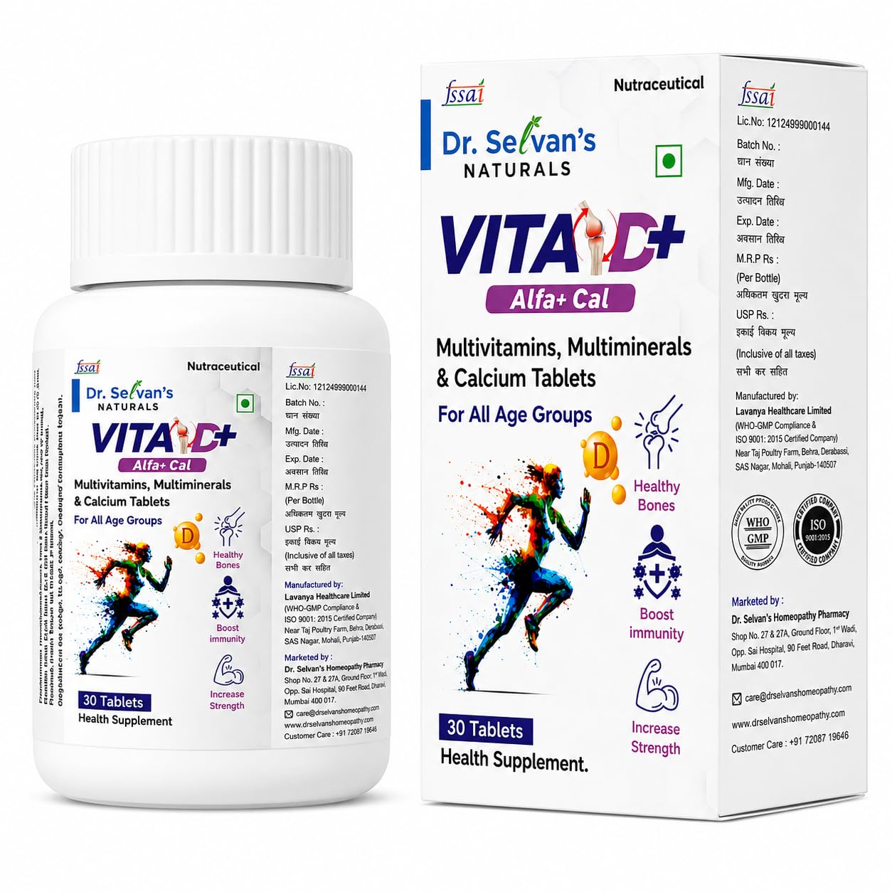 Dr. Selvan's Naturals Vita D+ Alfa+Cal Multivitamin, Multimineral & Calcium Tablets- Pack of 2 (60 Tablets)