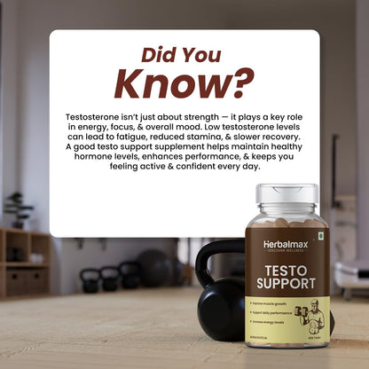 Herbalmax Testo Support Testosterone Supplement | With Gokshura, Safed Musli, L-Arginine & Ashwagandha | Natural Testosterone Booster for Strength, Stamina, Performance & Energy – 60 Tablets