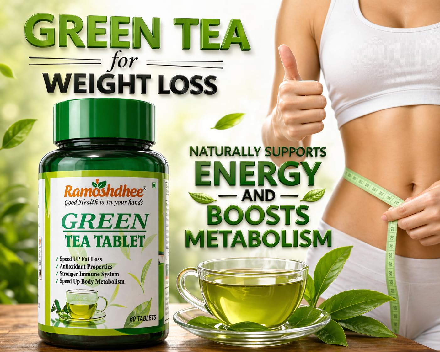 Ramoshdhee Green Tea Tablet, Fat Loss, Antioxidant Properties, Stronger Immune System, Boosts Metabolism, 60 Tablets