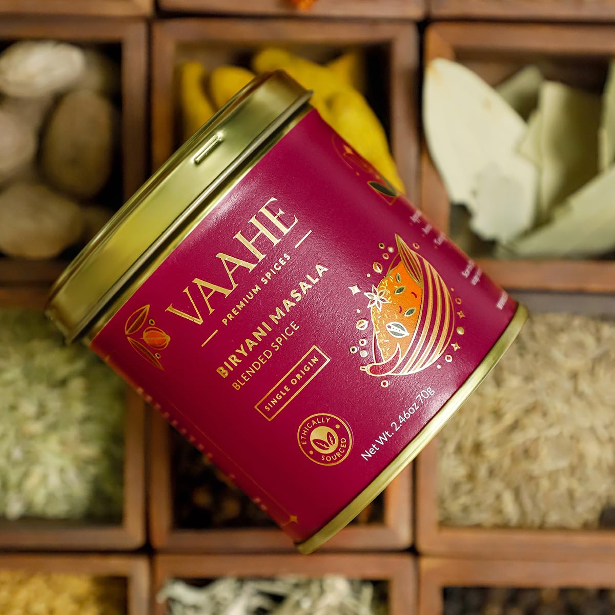 VAAHE Premium Biryani Masala | 17+ Natural Spices | Freshly Ground and Packed | 100% Pure and Natural | Single Origin | Premium Tin Box (70 gm)