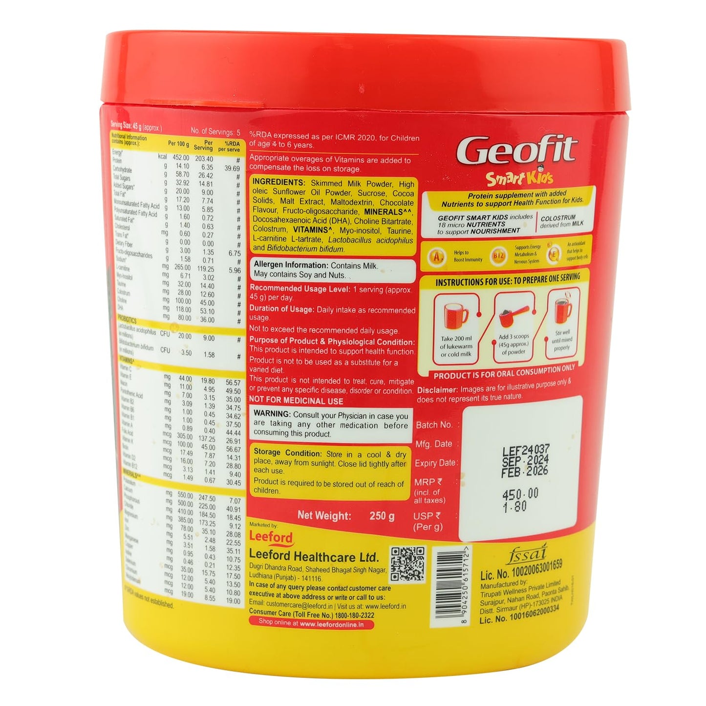 Geofit Smart Kids Protein Powder Chocolate – Pack of 2 (250g Each) | For Children Aged 4–6 Years | 18 Nutrients for Growth & Immunity | With DHA, Probiotics, Antioxidants & Energy Boosting Support