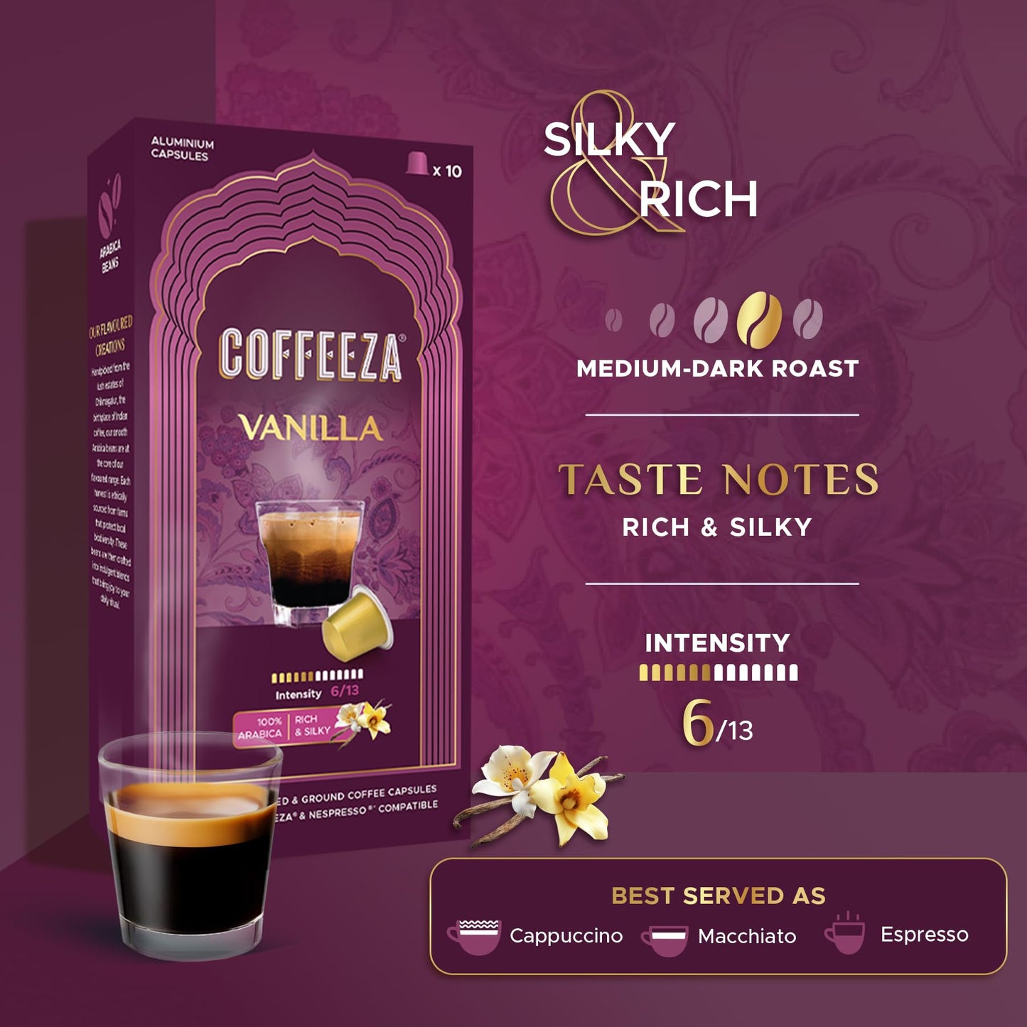 Coffeeza Vanilla Flavoured Coffee Capsules, Intensity - 6 | Aluminium Coffee Pods |100% Arabica | Box of 1 (10 Capsules)