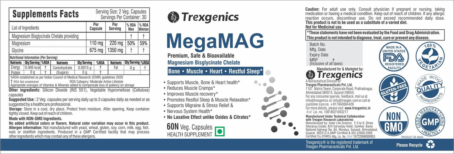 Trexgenics MegaMAG 785mg Magnesium Bisglycinate - Most Bioavailable Magnesium for Sleep, Muscle, Bone & Heart Support (60 Veg. Capsules) (Pack of 1)