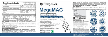 Trexgenics MegaMAG 785mg Magnesium Bisglycinate - Most Bioavailable Magnesium for Sleep, Muscle, Bone & Heart Support (60 Veg. Capsules) (Pack of 1)