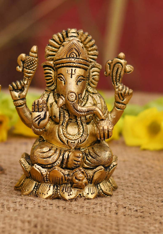 Collectible India Brass Lord Ganesh Idol, 4 x 2.5 x 2 Inches, Golden (Model Numb