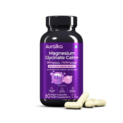 Auraika Magnesium Glycinate 1400mg with Vitamin B6 | 280mg Elemental Magnesium | Fully Chelated Non-Buffered Magnesium Supplement | Supports Relaxation, Restful Sleep, Muscle Recovery & Nervous System Health | 60 Veg Capsules