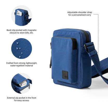 DailyObjects Pivot Travel Sling Bag for Men and Women|Adjustable Shoulder Strap|Recycled Lightweight Material|Water Repellent|Zippered Main Compartment|Slip Pockets| For Daily Use & Travel (Blue)