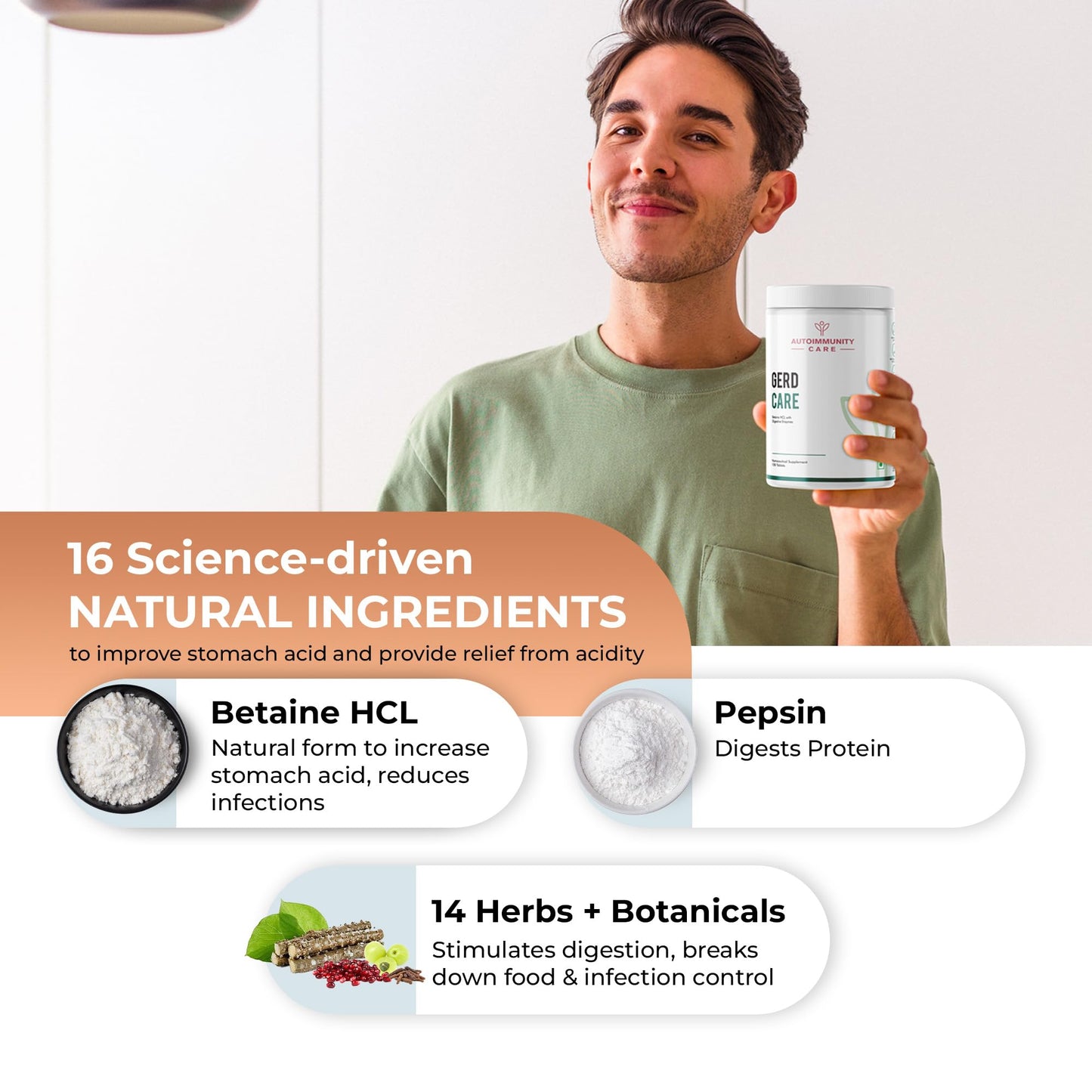 Autoimmunity Care GERD Care – Betaine HCL with Pepsin & Enzymes | Supports Low Stomach Acid, Acid Reflux & Heartburn Relief | Acidity & Bloating Relief, Acidity Tablet for Acid Reflux & Heartburn Relief | 120 Tabs