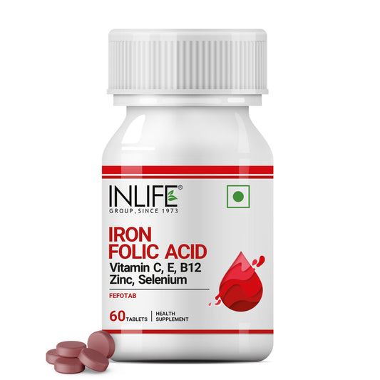 INLIFE Chelated Iron Folic Acid Supplement with Vitamin C, E, B12, Zinc & Seleni