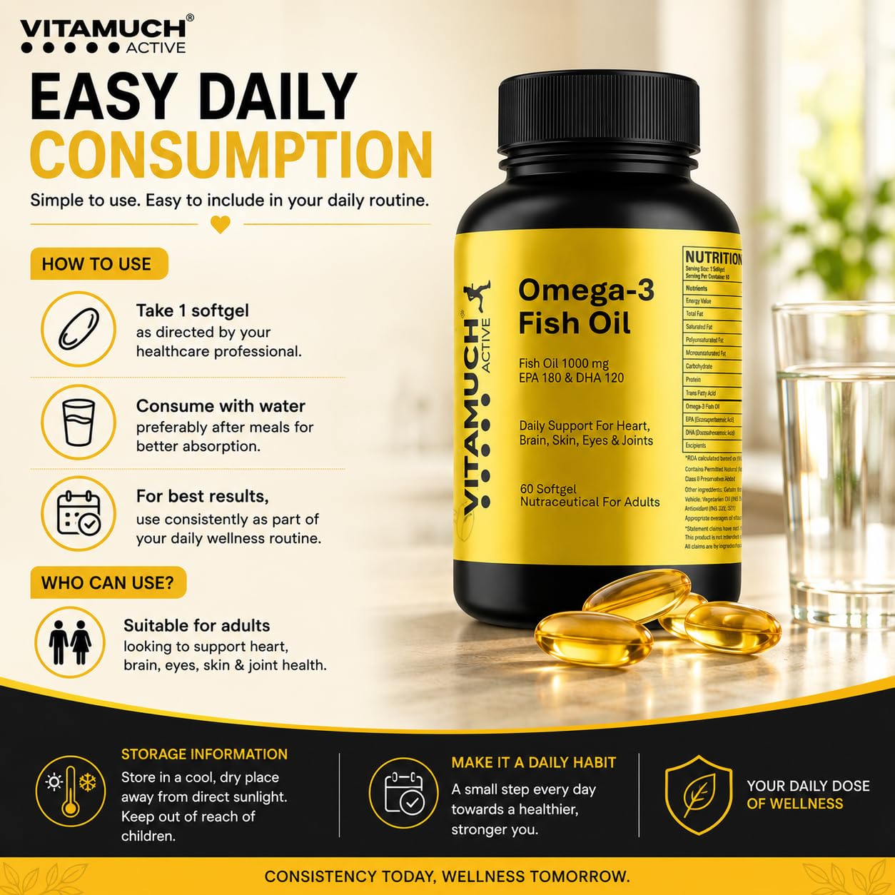 Vitamuch Omega-3 Fish Oil Capsules | EPA 180mg + DHA 120mg | Supports Heart, Brain & Joint Health | Deep Sea Fish Oil | 60 Softgel Capsules