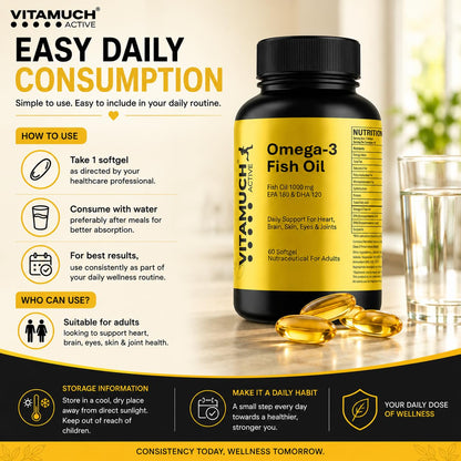 Vitamuch Omega-3 Fish Oil Capsules | EPA 180mg + DHA 120mg | Supports Heart, Brain & Joint Health | Deep Sea Fish Oil | 60 Softgel Capsules