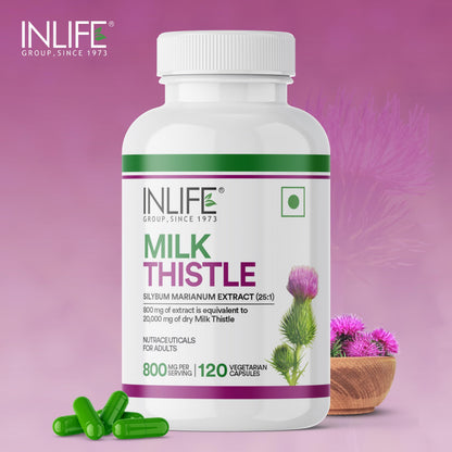 INLIFE Milk Thistle 800mg Silymarin, Silybum Marianum Extract 25:1, Liver Health & Detox Function, Men Women, 120 Veg Capsules (Pack of 2)