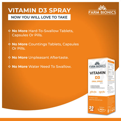 FARM BIONICS Vitamin D3 400 Iu Spray Supplement, 30Ml | Vitamin D3 Booster Oral Spray | 100% Vegetarian | Sugar And Gluten Free | Immunity Booster Spray For Men And Women (Muskmelon)