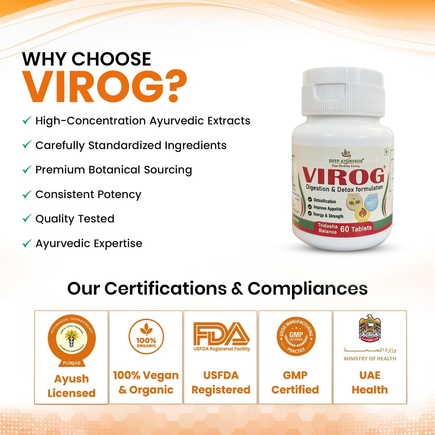 Virog Detox & Tridosha Balance Tablets | Ayurvedic Herbal Supplement | Dosha Balancing Formula | Digestive Support | 60 Tablets