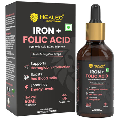 Healeo Iron + Folic Acid Drops | Fast Acting Liquid Iron Supplement for Women & Men with Zinc | Hemoglobin Booster & Blood Builder | Non-Constipating - 50ml