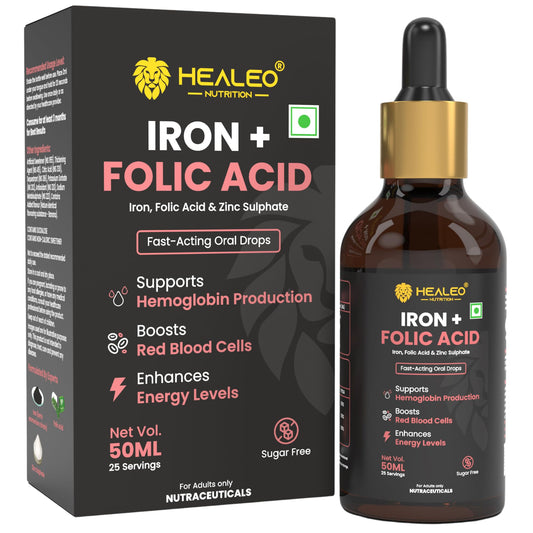 Healeo Iron + Folic Acid Drops | Fast Acting Liquid Iron Supplement for Women & Men with Zinc | Hemoglobin Booster & Blood Builder | Non-Constipating - 50ml
