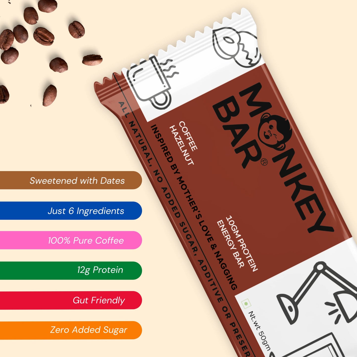 MONKEY BAR - Coffee Hazelnut Protein Bar - 8 Bars, 50g each, 12g Protei- image 4