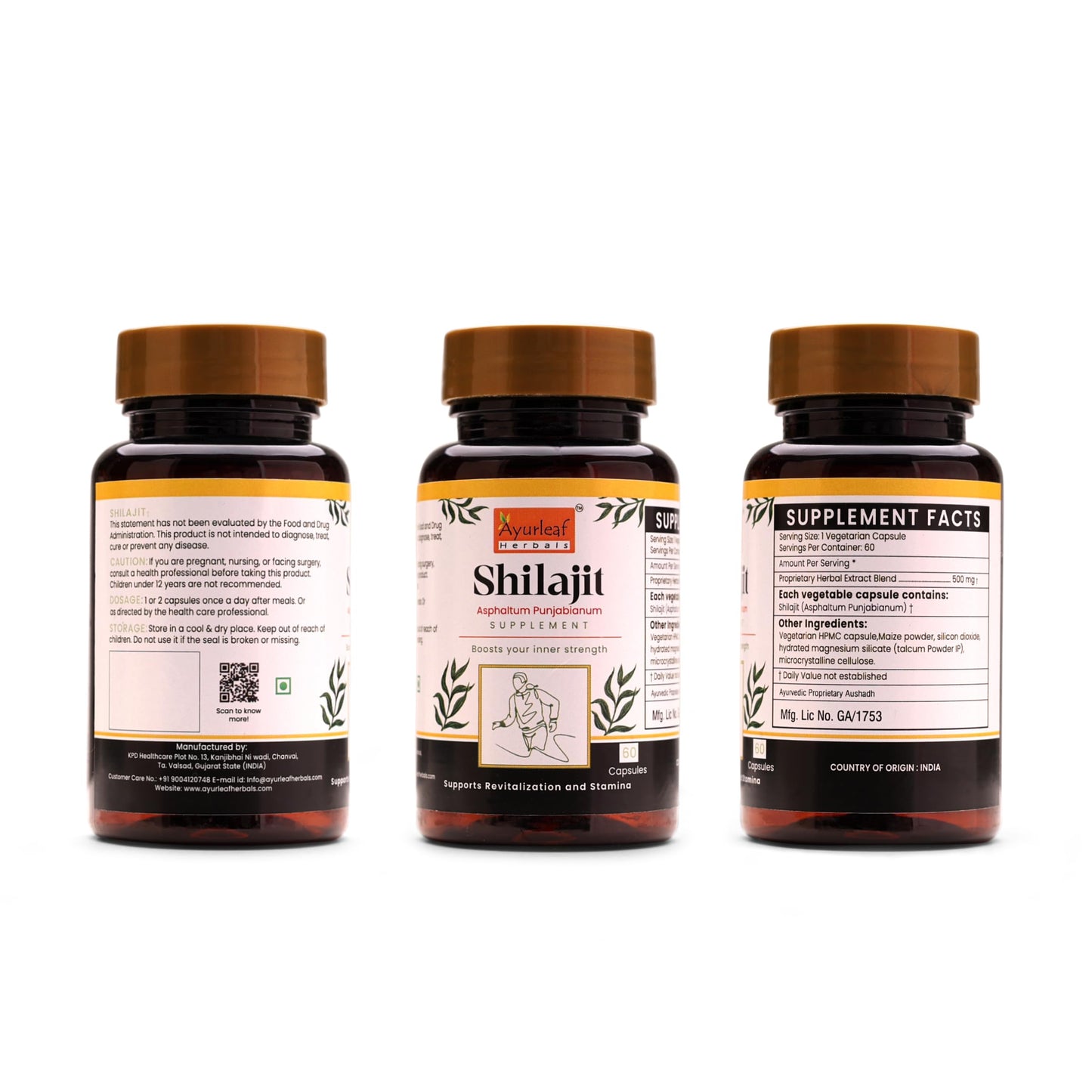 Ayurleaf Herbals Shilajit Capsules | Pure herbal for Strength, and Power | Ayurvedic Supplement | For Men (60 Capsules)