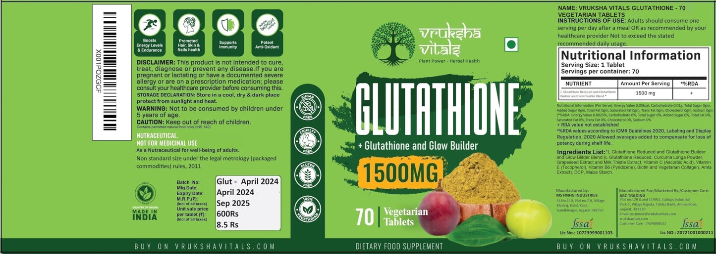 Vruksha Vitals Glutathione 1500 mg - 70 Tablets with Vitamin C and Milk Thistle, Amla & Grapeseed Extracts (Plant based Capsules Supplement)