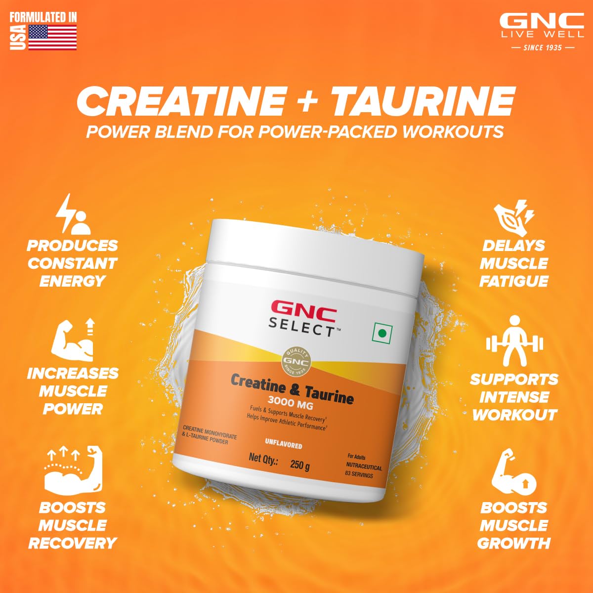 GNC Pure Micronized Creatine Monohydrate + Taurine | 250 gm | 83 Serving | Unflavoured | Instantized | Fuels Muscles | Increase Muscle Mass | Rapid Absorption | Faster Muscle Building| Lab Tested | Faster Muscle Recovery| Boost Performance | Imported