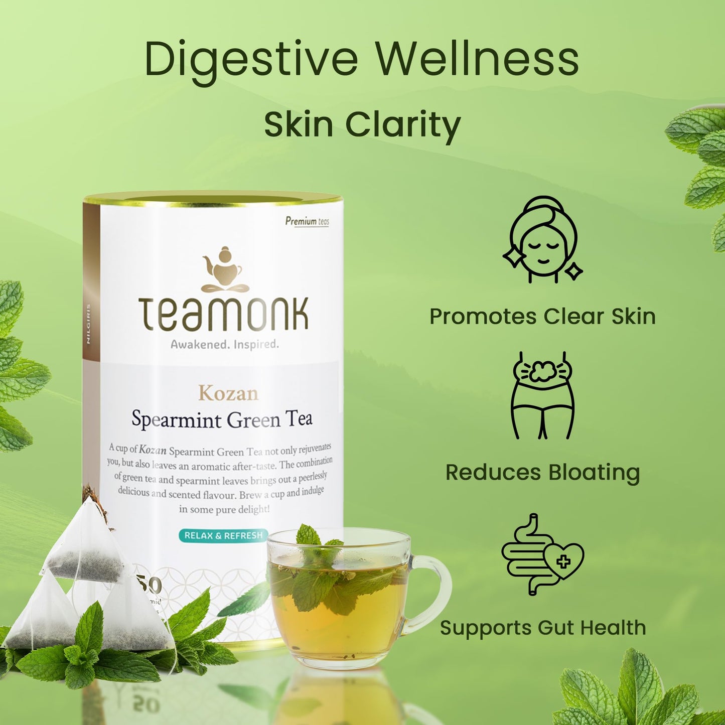 Teamonk Kozan High Mountain Spearmint Green Tea (50 Biodegradable Pyramid Bags) | Premium PCOS Tea For Women | Rectifies Hormonal Balance, Acne & Facial Hair | Helps Stress Relief & Memory