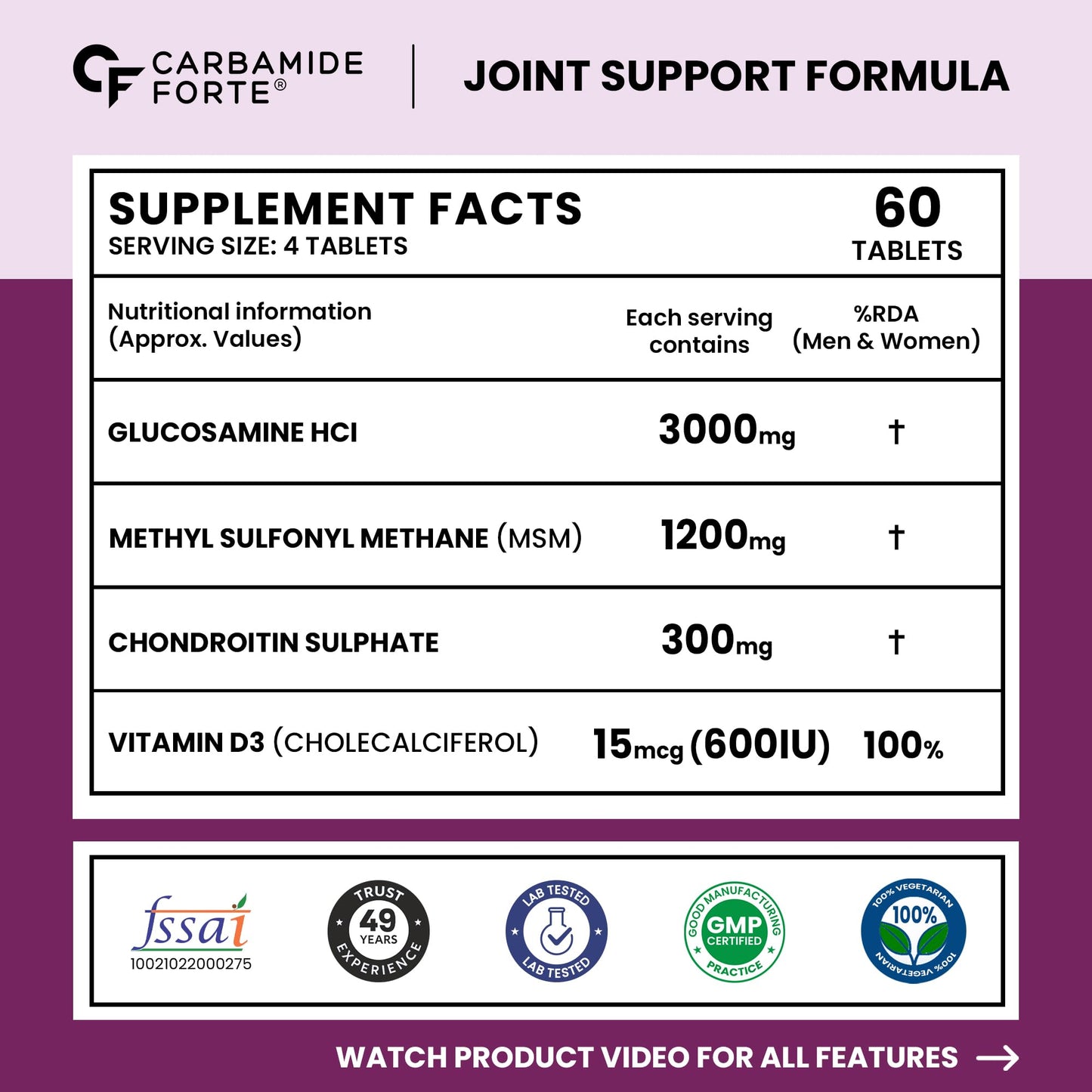 Carbamide Forte Glucosamine Tablets For Joint Support Supplement with Vitamin D3 & Glucosamine Chondroitin MSM | Joint Cartilage Support & Muscle Health | Joint Support Tablets - 60
