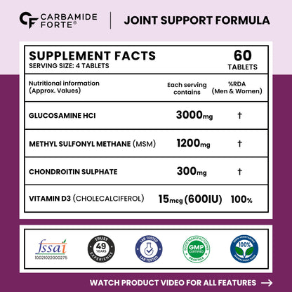 Carbamide Forte Glucosamine Tablets For Joint Support Supplement with Vitamin D3 & Glucosamine Chondroitin MSM | Joint Cartilage Support & Muscle Health | Joint Support Tablets - 60
