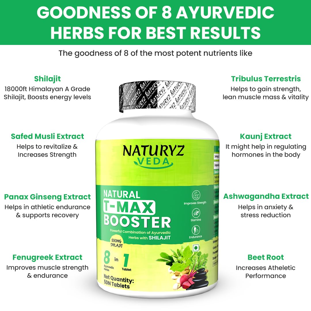 Naturyz VEDA Natural T-MAX Booster with 8 Ayurvedic Herbs | Highest Strength Shilajit | Safed Musli | Kaunch | Ashwagandha | Gokshura | Ginseng |High absorption | Original Shilajeet Improves Strength, Stamina, Endurance, Energy & Muscle Mass - 50 Tablets