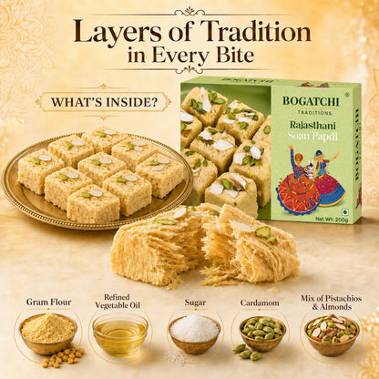BOGATCHI Rakhi Gift Hamper for Brother with Soan Papdi 200g, Natural Raisins 30g | 2 Elegant Ganesha Rakhi with Moli Thread, Roli Chawal & Greeting Card | Traditional Festive Sweets Box