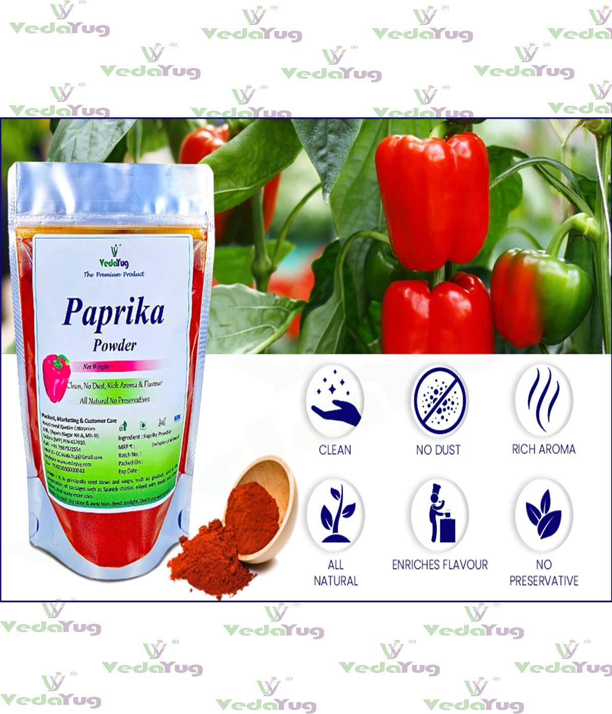 VY VedaYug Red Sweet Paprika Powder 100g | 100% Pure Non-Smoked Paprika | Mild Chilli Powder for Cooking, Pizza, Pasta & Seasoning | No Preservatives