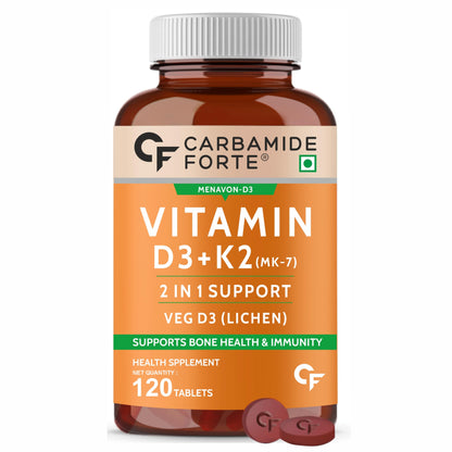 Carbamide Forte Vitamin D3 K2 MK7 | Plant Based Veg Vitamin D Supplement Lichen Source with Vitamin K2 MK7 Menaquinone for Men & Women - 120 Veg Tablets