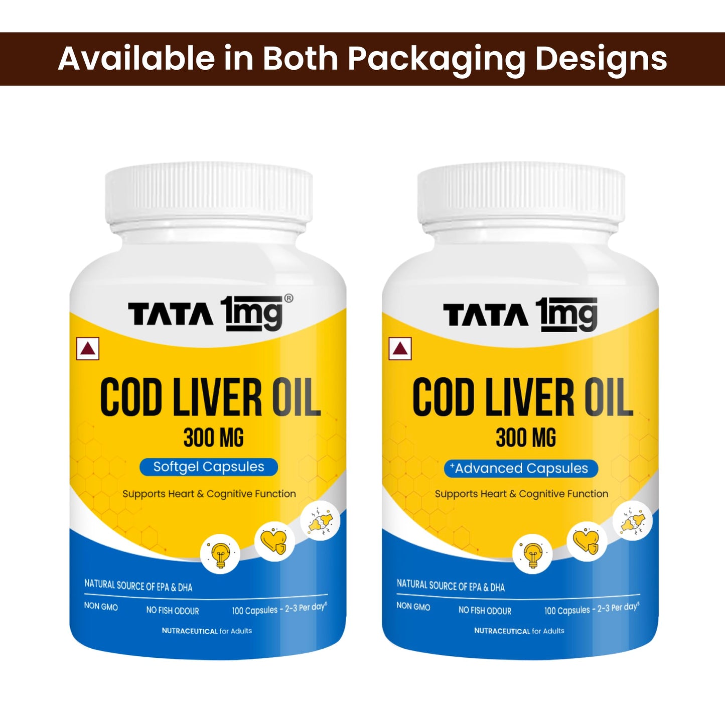 1MG Tata Cod Liver Oil Supplement with Omega 3,Vitamin A and D - 100 Capsules | Supports Heart, Brain, Joint and Vision Health | Fish Oil for Women & Men | No Fish Odour & Non-GMO