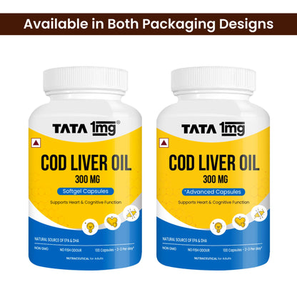 1MG Tata Cod Liver Oil Supplement with Omega 3,Vitamin A and D - 100 Capsules | Supports Heart, Brain, Joint and Vision Health | Fish Oil for Women & Men | No Fish Odour & Non-GMO
