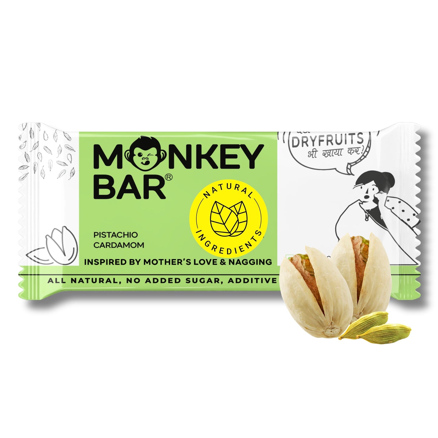 MONKEY BAR - Pistachio Cardamom Protein Bar - 8 Bars, 50g each, 11g Protein, Hig